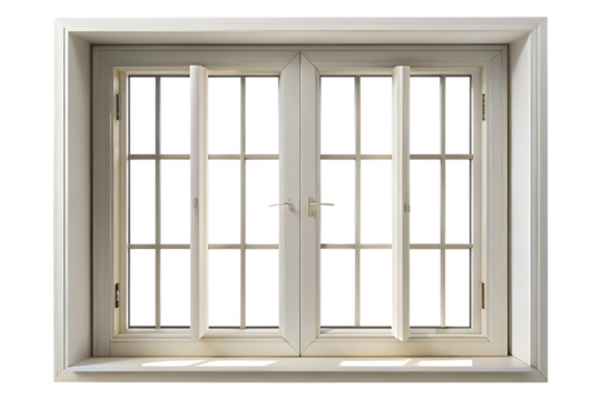 White French casement window, with metal security bars and light reflections on the sill, cutout, PNG isolated on white or transparent background