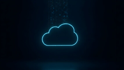 Minimal glowing cloud icon with floating binary numbers, isolated on dark background. Plenty of empty space for text or design placement.