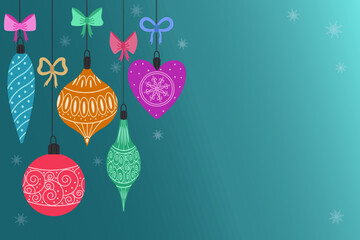 Christmas and New Year background with garlands and Christmas toys.The concept of a Merry Christmas.Realistic Christmas balls decorated with ribbon and bow.