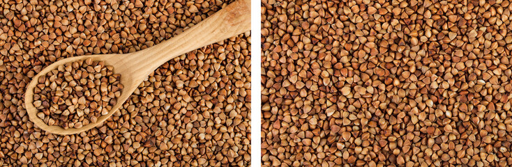 Raw buckwheat in wooden spoon as a background. Top view. Flat lay