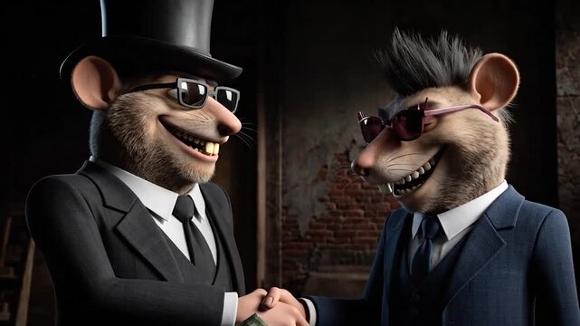 Two anthropomorphic rats in suits shaking hands, one wearing a top hat and sunglasses, the other with spiky hair and sunglasses, exchanging money in a dimly lit, brick-walled room, suggesting a cland.