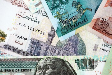 Fototapeta premium Egyptian pound currency money bills. The current banknotes lies on table in big amount close up