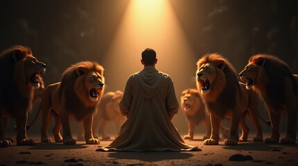 A dramatic biblical scene of Daniel standing calmly among lions inside a dimly lit ancient den