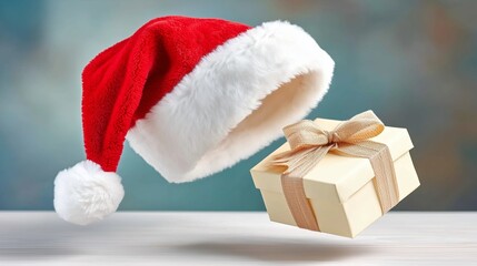 Stylized Santa hat floating above wrapped Christmas gift box on pastel background, soft shadow below, elegant minimal festive concept, modern New Year style, cozy charm, and clean composition