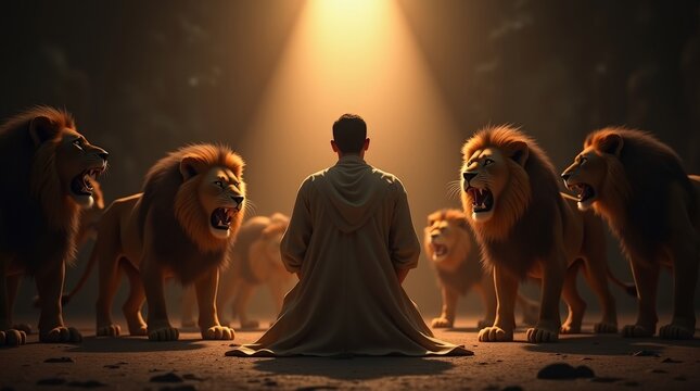 A dramatic biblical scene of Daniel standing calmly among lions inside a dimly lit ancient den