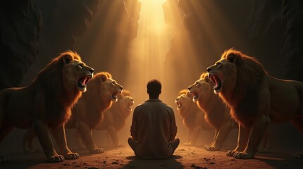 A dramatic biblical scene of Daniel standing calmly among lions inside a dimly lit ancient den