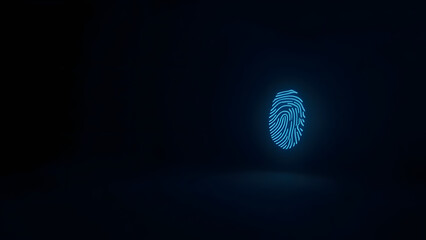 Minimal glowing fingerprint icon on dark background, representing cybersecurity. Ample empty space for text or design placement.