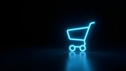 Minimal glowing shopping cart icon on dark background with neon outline. Left-side copyspace for text, representing e-commerce and online shopping.