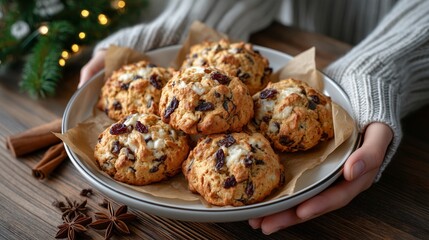 Fototapeta premium Top-down view of freshly baked Christmas cookies on parchment paper, hands reaching for sweet treats, rustic minimal layout with flour and spices, symbol of New Year warmth and festive joy