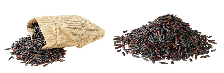 Black rice in a bag isolated on white background with full depth of field