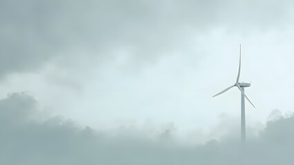 Minimal wind turbine icon on a cloudy background, isolated with left-side copyspace. Symbolizing renewable energy and sustainability.