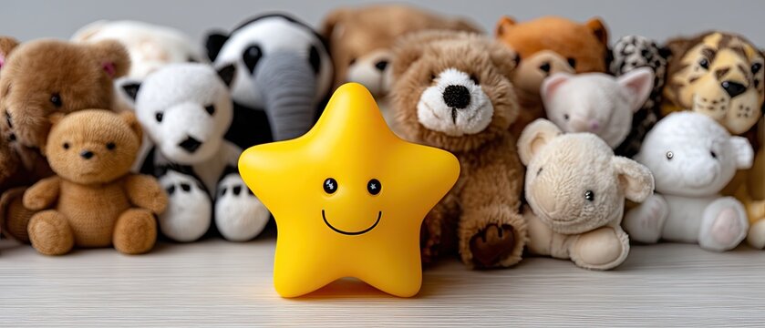 A cheerful yellow star toy stands out in front of several soft, cuddly stuffed animals placed on a light wooden surface