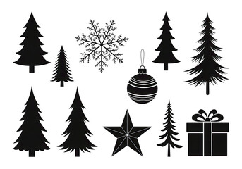 Obraz premium Collection of festive christmas tree silhouettes and ornaments isolated on transparent background