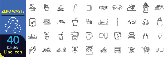 A set of 32 editable vector line icons for zero waste, sustainability, recycling, and eco-friendly lifestyle concepts.