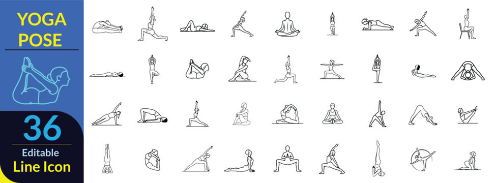 A set of 32 editable vector line icons for yoga poses, meditation, health, and spiritual wellness concepts.