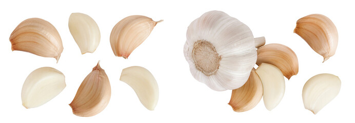 garlic cloves isolated on white background close up. Top view. Flat lay.
