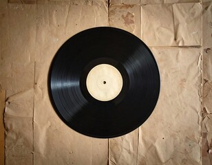 Obraz premium Overhead shot of a vintage vinyl record on a crumpled, aged paper surface. The black disc contrasts against the light brown background