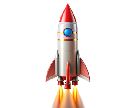Retro style rocket ship, with red fins and nose cone emitting orange exhaust flames, cutout, PNG isolated on white or transparent background
