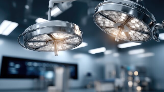 A sterile operating room with a drip IV bag hanging above - Powered by Adobe