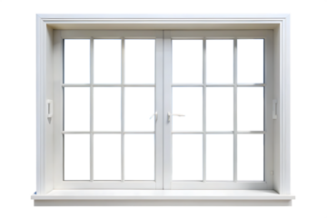 White French Casement Window, with Multiple Panes and Silver Handles, cutout, PNG isolated on white or transparent background