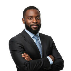 Professional african american businessman with beard and tie wearing a dark suit arms crossed smiling confidently isolated on transparent background