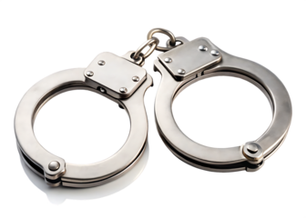 Pair of shiny metal handcuffs, with silver chain and rivets, cutout, PNG isolated on white or transparent background