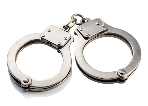 Pair of shiny metal handcuffs, with silver chain and rivets, cutout, PNG isolated on white or transparent background