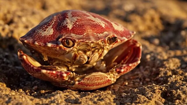 Close-up of a small red crab on a sandy beach, showcasing its intricate shell and eyes.