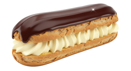 3D chocolate éclair with glossy glaze and creamy filling, isolated 