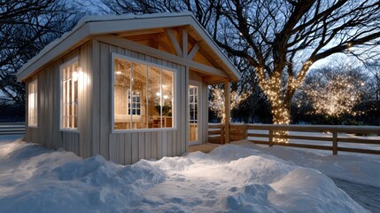 A contemporary cabin stands amid lush greenery, featuring large windows and a cozy interior illuminated by starlight