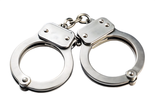 Close up of a pair of silver metal handcuffs, with a chain connecting them, cutout, PNG isolated on white or transparent background
