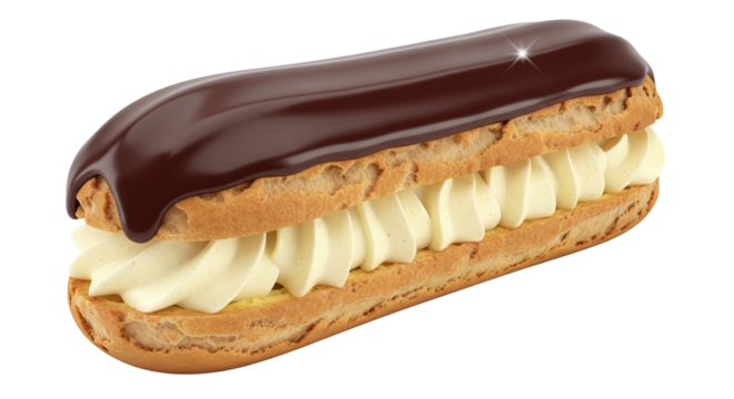3D chocolate éclair with glossy glaze and creamy filling, isolated 