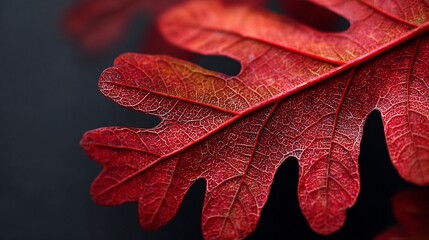 Fototapeta premium Vibrant crimson oak leaf showcasing intricate vein patterns and serrated edges, capturing the rich autumn transformation against a deep dark background