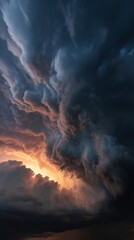 Dramatic storm clouds swirl with intense golden light breaking through dark blue and gray layers, creating a mesmerizing and powerful atmospheric display of nature's raw energy