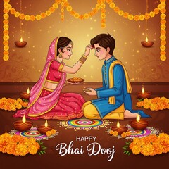Sacred Bhai Dooj Scene Sister Performing Ritual Prayer in Front of Brother Surrounded by Bright Diyas Lotus Flowers Golden Cloth Backdrop Capturing Spiritual Light and Sibling Bond in Vibrant Colors