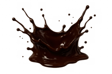 Dark chocolate milk splash creating liquid crown shape, splashing sweet cocoa beverage drops, transparent background