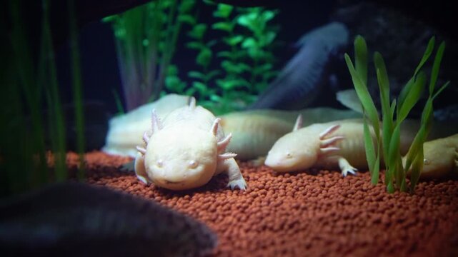 small white salamander is in tank with some green plants