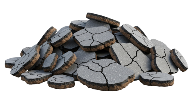 realistic asphalt rubble pile isolated, cracked road surface texture, realistic dirt edges, clean cutout for compositing