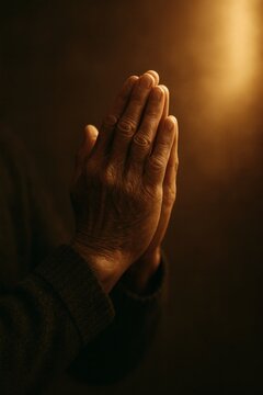 Elderly Hands Joined in Prayer Under Warm Light

