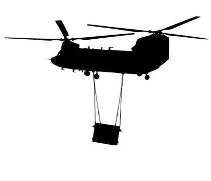 Chinook Helicopter with Sling Load Silhouette, tandem-rotor helicopter performing a heavy lift operation