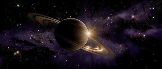 A distant planet with distinctive rings floats amidst a sparkling cosmic environment filled with glowing particles and vibrant colors.