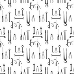 Tools pattern background with pliers, screwdrivers, and wrenches in black and gray tones