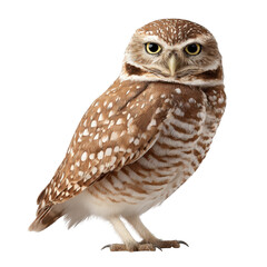 Fototapeta premium A brown and white owl with bright yellow eyes, isolated on transparent background