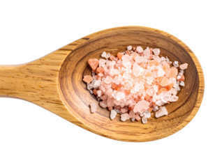 Top View of Pink Sea Salt in Flat Wooden Spoon, isolated on a transparent background.