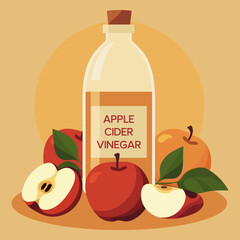 Apple cider vinegar bottle with fresh apples and leaves, suitable for health and wellness themes