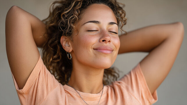 Relaxed plus size woman with raised arms embracing tranquility