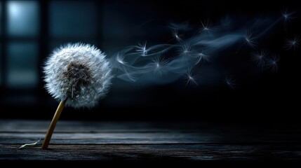 A dandelion gently disperses its seeds into the air, illuminated against a dark backdrop, showcasing nature's intricate beauty at dusk