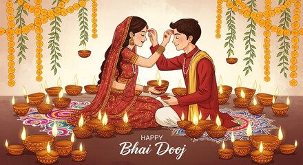 Sacred Bhai Dooj Scene Sister Performing Ritual Prayer in Front of Brother Surrounded by Bright Diyas Lotus Flowers Golden Cloth Backdrop Capturing Spiritual Light and Sibling Bond in Vibrant Colors