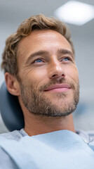 Fototapeta premium Patient relaxed in dental chair anticipating implant procedure