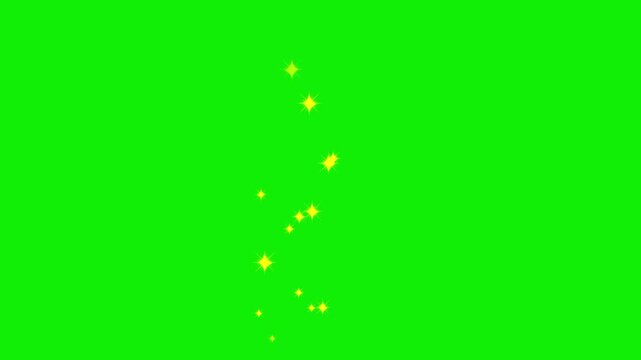 cartoon golden glitter shine going up on green screen, sparkling particles floating up movement, glitter confetti floating effect, animation, green background, golden light particles, stars fly